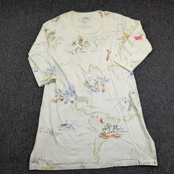 Soma Travel Bon Voyage Map Print Tunic Top Size 2 Large Cream Cotton 3/4 Sleeve — photo 2